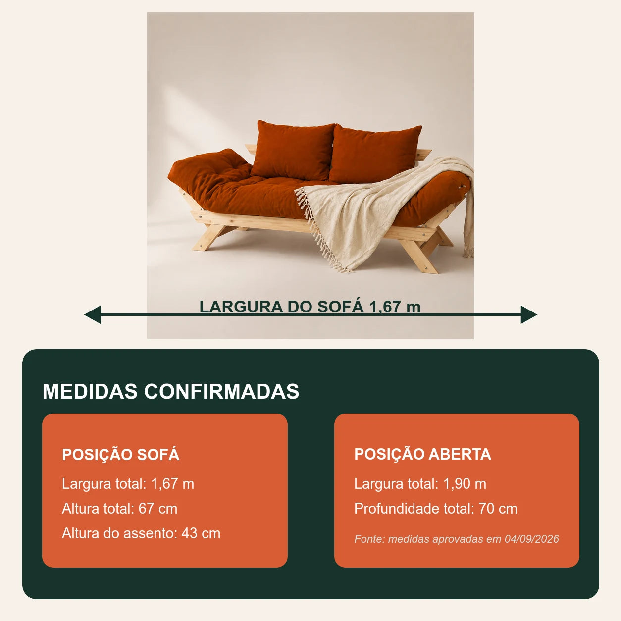 Sof� Cama Reclin�vel Futon Jap�o D33 - Madeira Sem Pintura Tecido Sarja Cor Caramelo - medidas