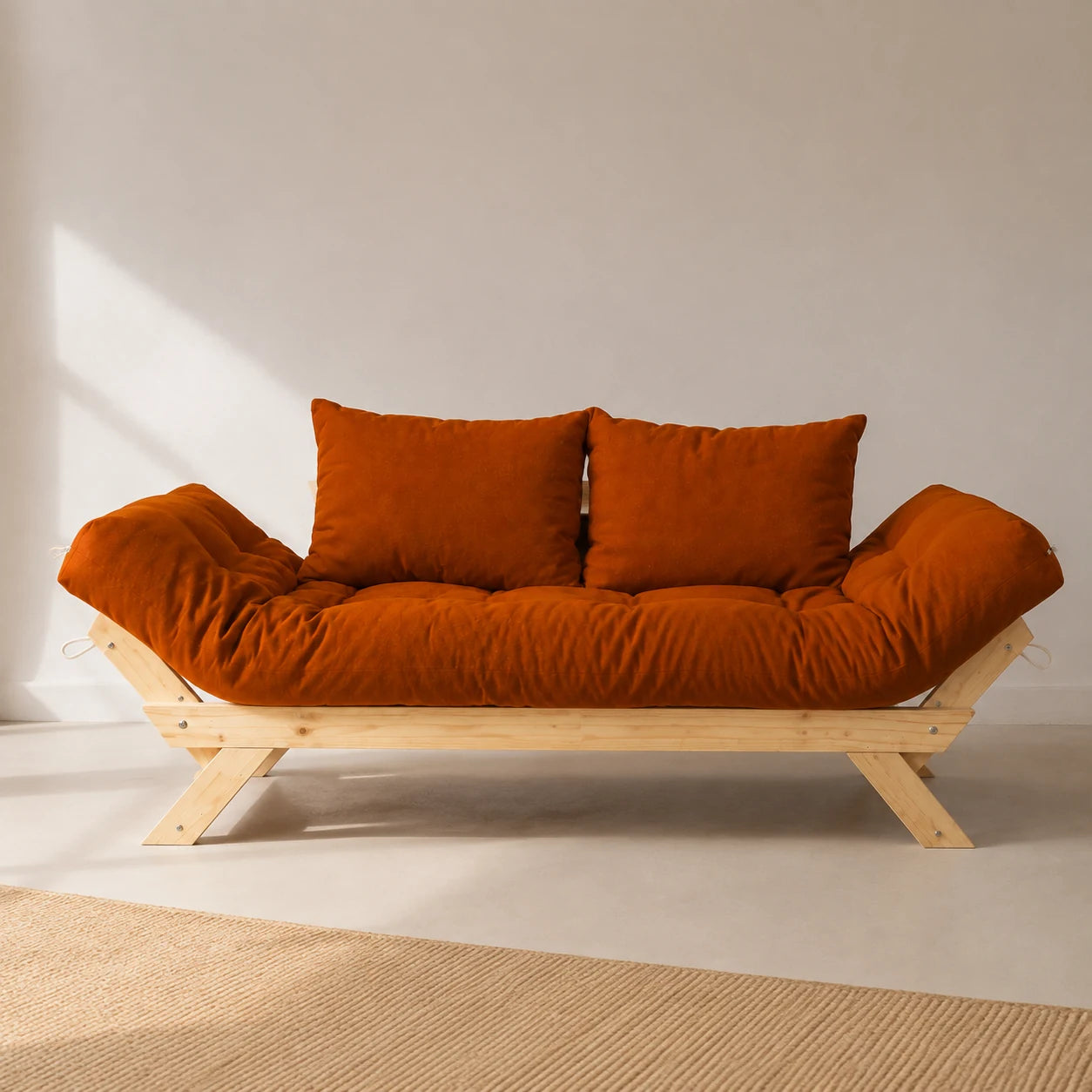 Sof� Cama Reclin�vel Futon Jap�o D33 - Madeira Sem Pintura Tecido Sarja Cor Caramelo - reclinada