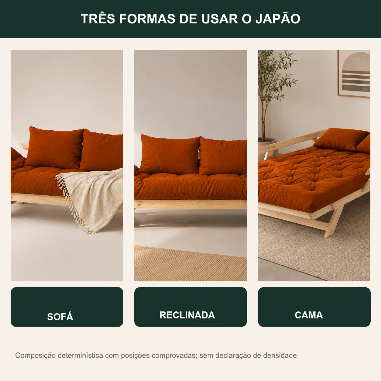 Sof� Cama Reclin�vel Futon Jap�o D33 - Madeira Sem Pintura Tecido Sarja Cor Caramelo - transformacao