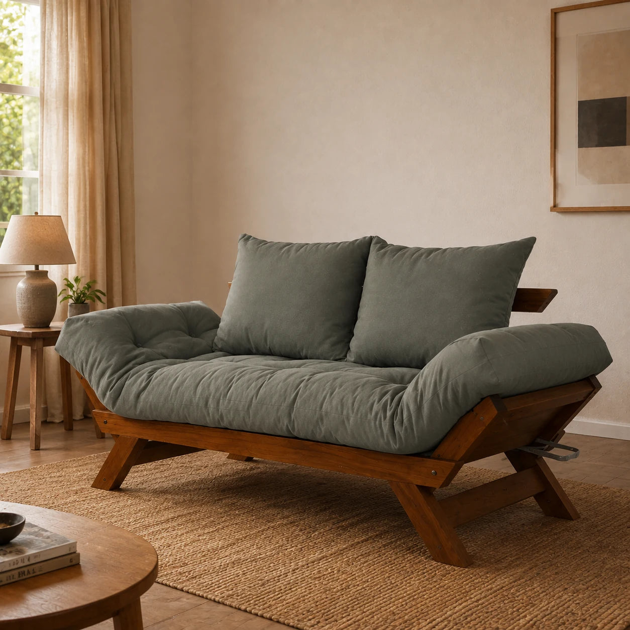 Sof� Cama Reclin�vel Futon Jap�o - Madeira Imbuia Tecido Sarja Cor Cinza - ambientada