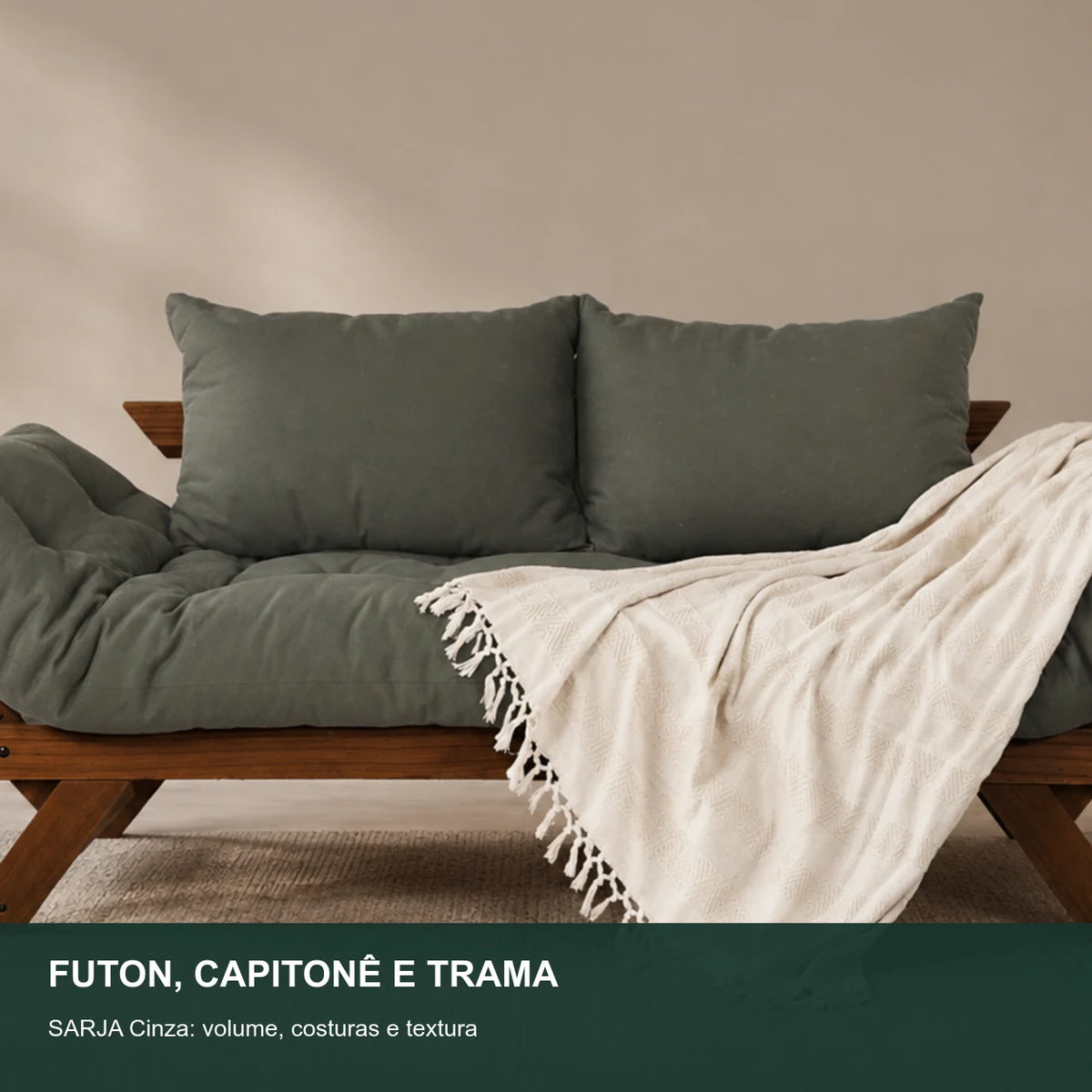 Sof� Cama Reclin�vel Futon Jap�o - Madeira Imbuia Tecido Sarja Cor Cinza - detalhe-capitone