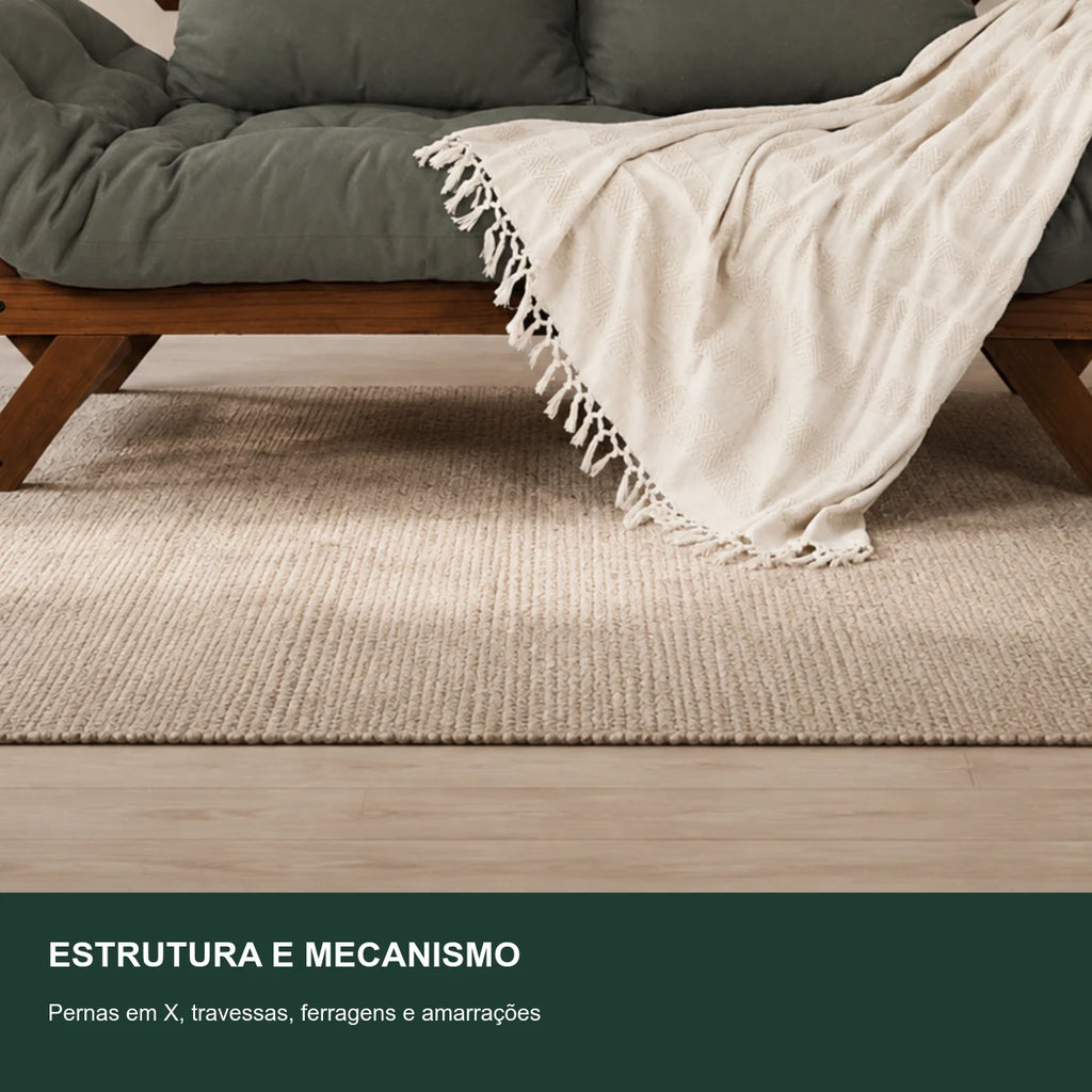 Sof� Cama Reclin�vel Futon Jap�o - Madeira Imbuia Tecido Sarja Cor Cinza - detalhe-mecanismo