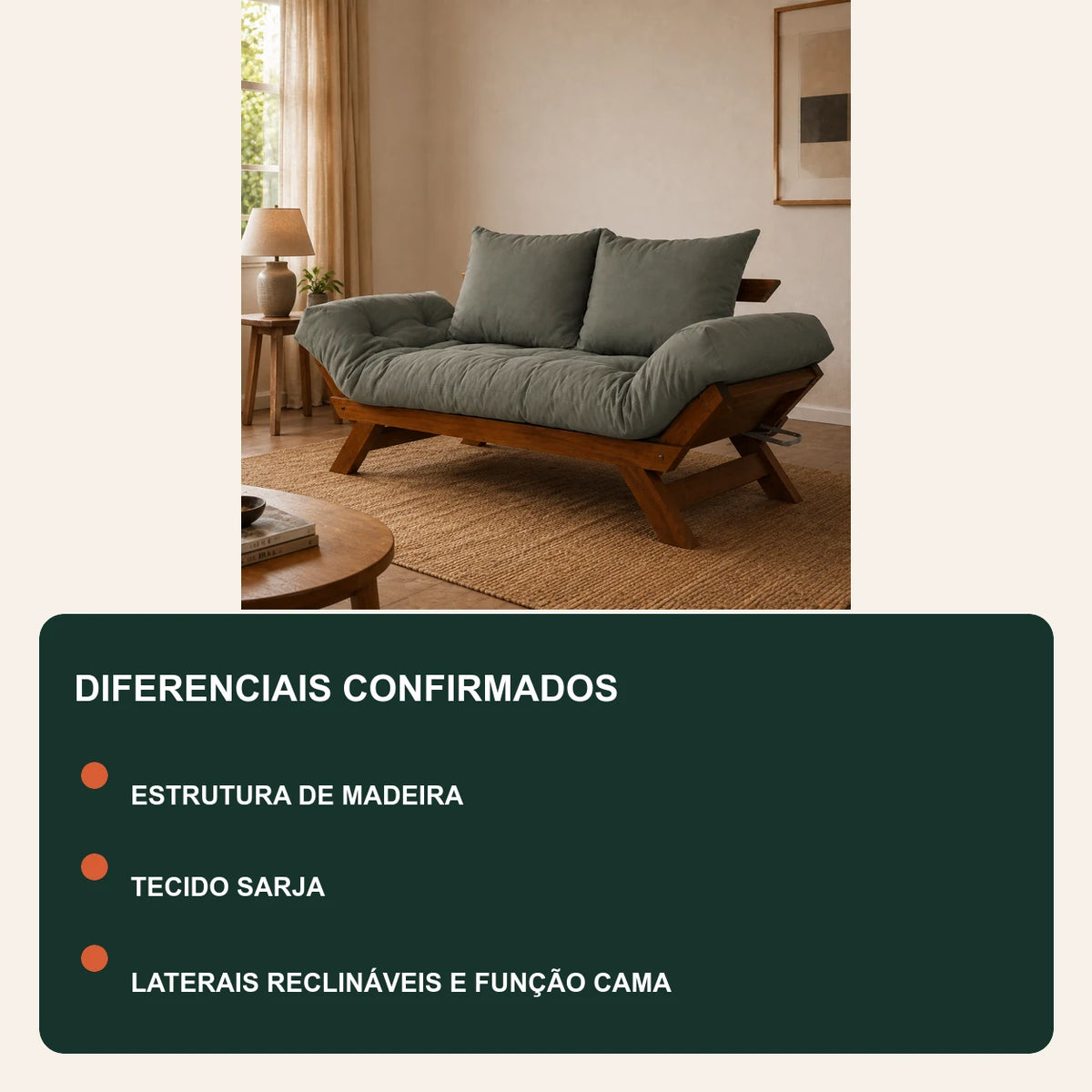 Sof� Cama Reclin�vel Futon Jap�o - Madeira Imbuia Tecido Sarja Cor Cinza - diferenciais