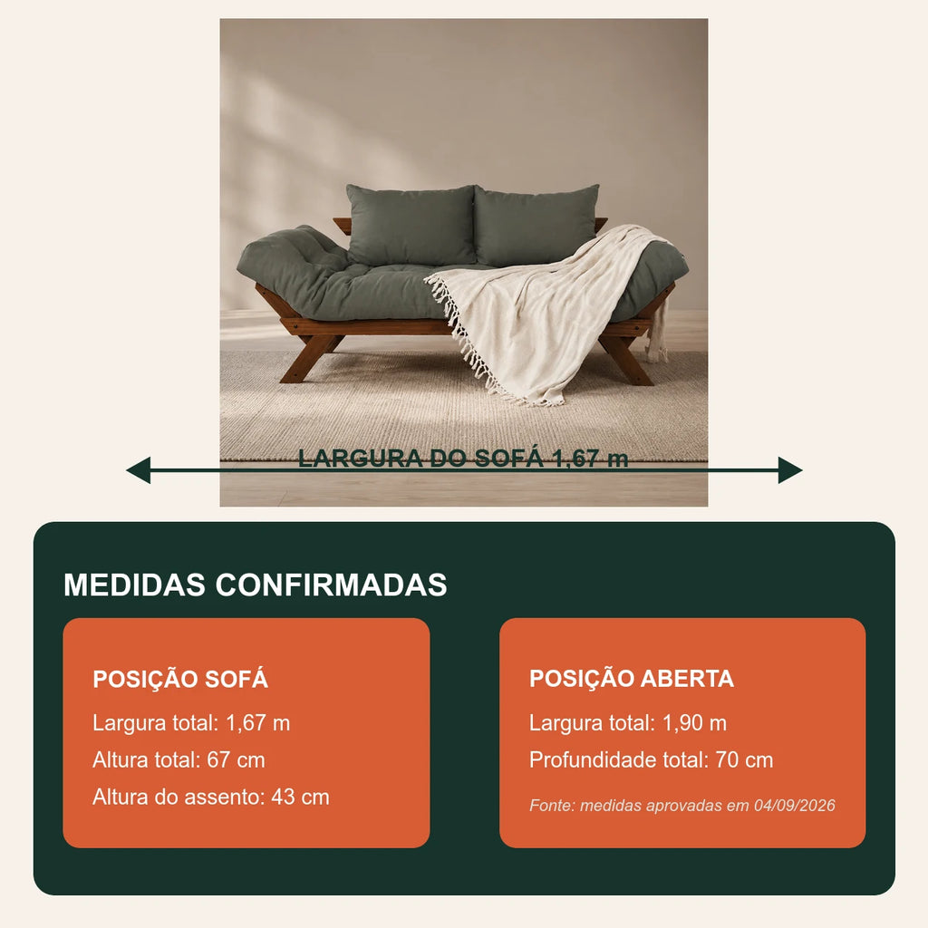 Sof� Cama Reclin�vel Futon Jap�o - Madeira Imbuia Tecido Sarja Cor Cinza - medidas
