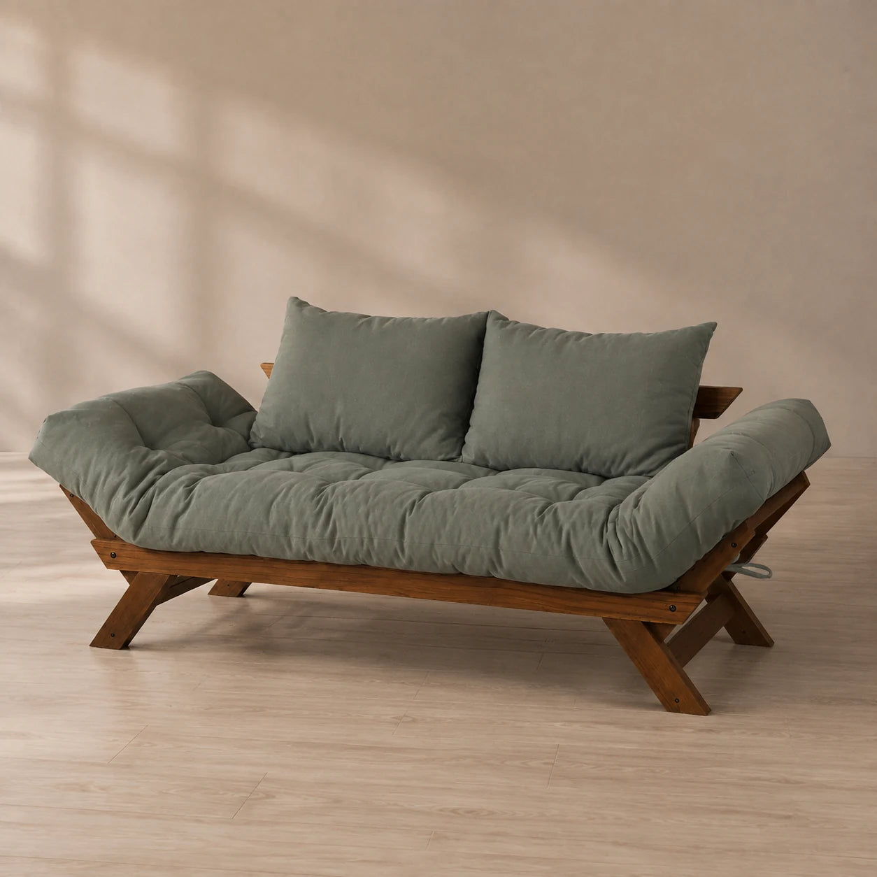 Sof� Cama Reclin�vel Futon Jap�o - Madeira Imbuia Tecido Sarja Cor Cinza - reclinada
