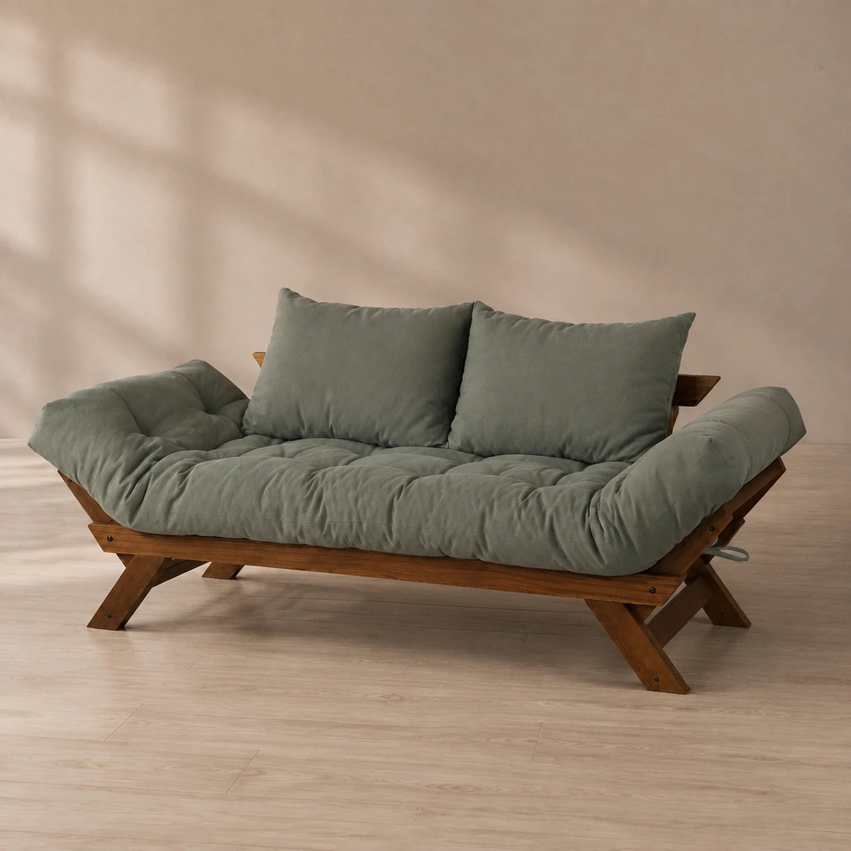 Sof� Cama Reclin�vel Futon Jap�o - Madeira Nobre Imbuia Tecido Sarja Cor Cinza - reclinada