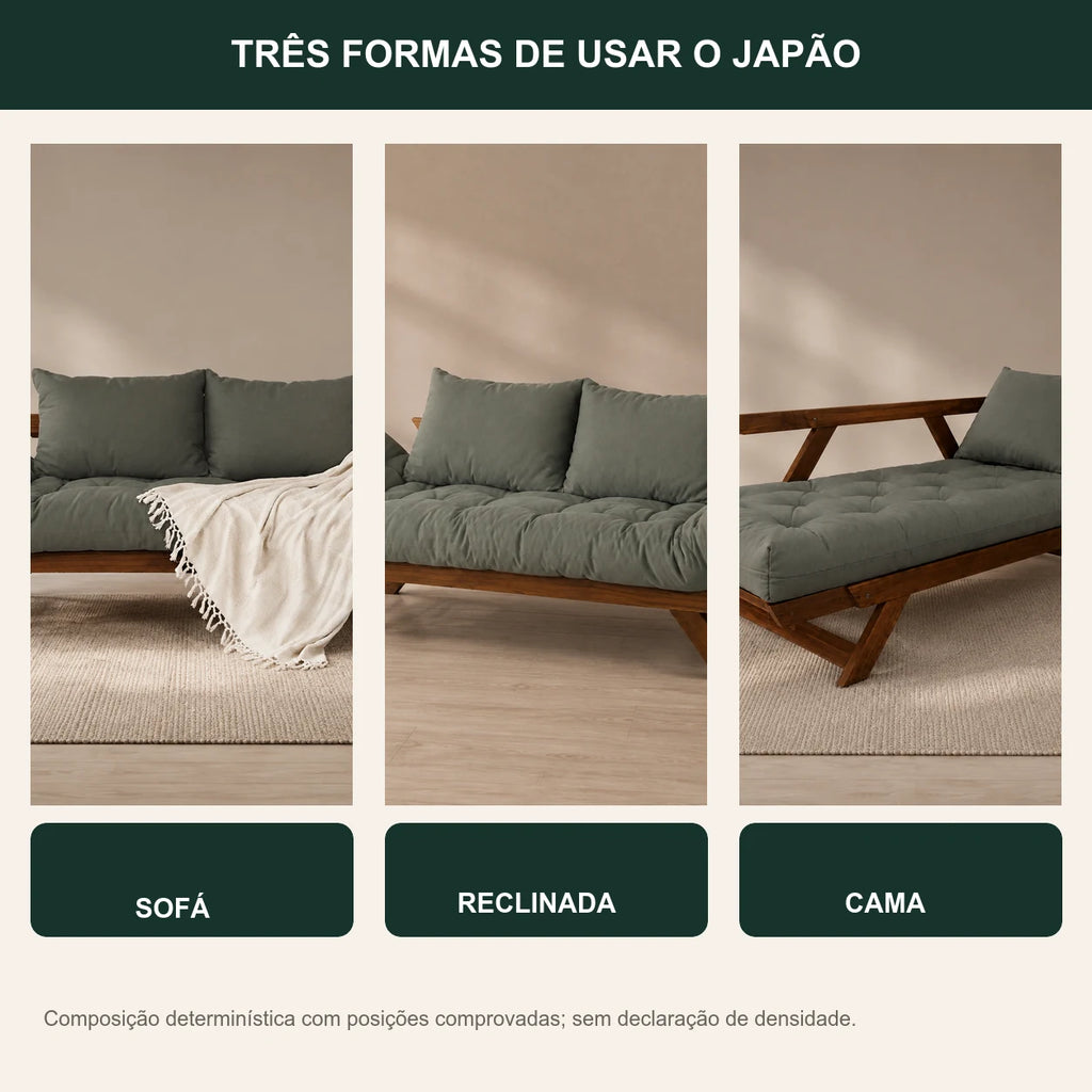 Sof� Cama Reclin�vel Futon Jap�o - Madeira Imbuia Tecido Sarja Cor Cinza - transformacao
