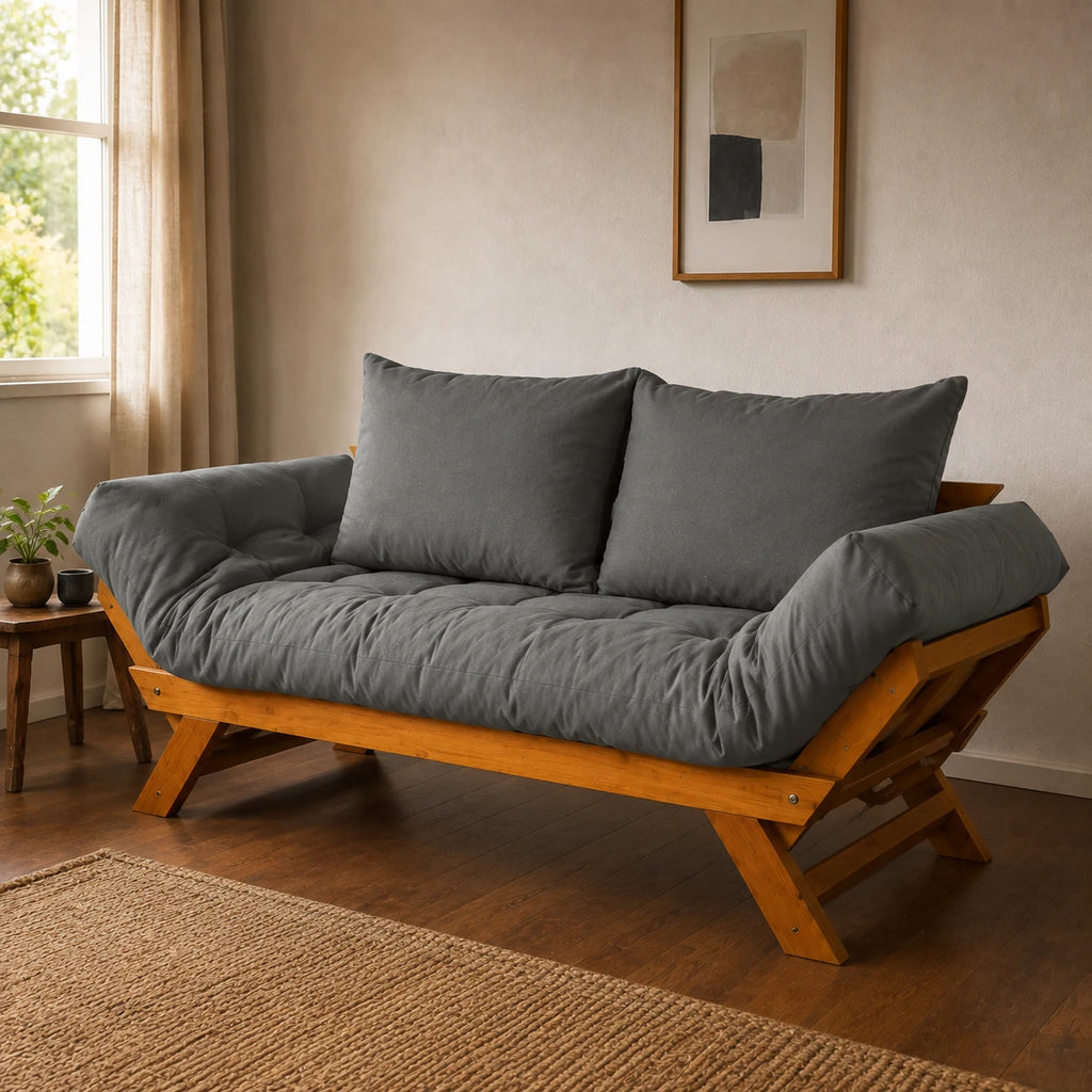 Sof� Cama Reclin�vel Futon Jap�o Madeira Mel - Tecido Sarja Cor Cinza - ambientada