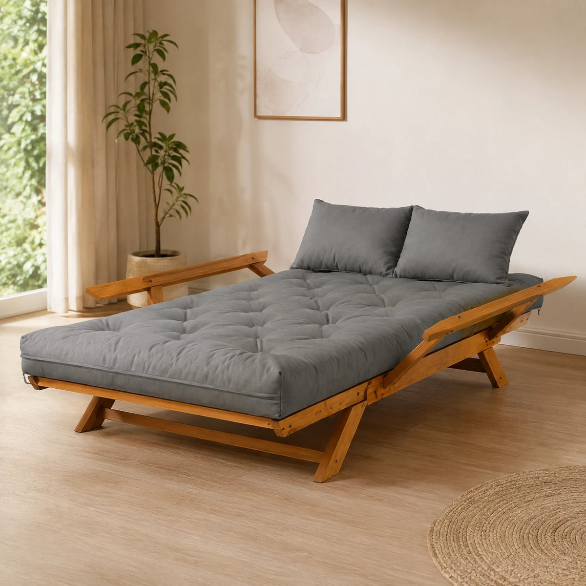 Sof� Cama Reclin�vel Futon Jap�o Madeira Mel - Tecido Sarja Cor Cinza - cama