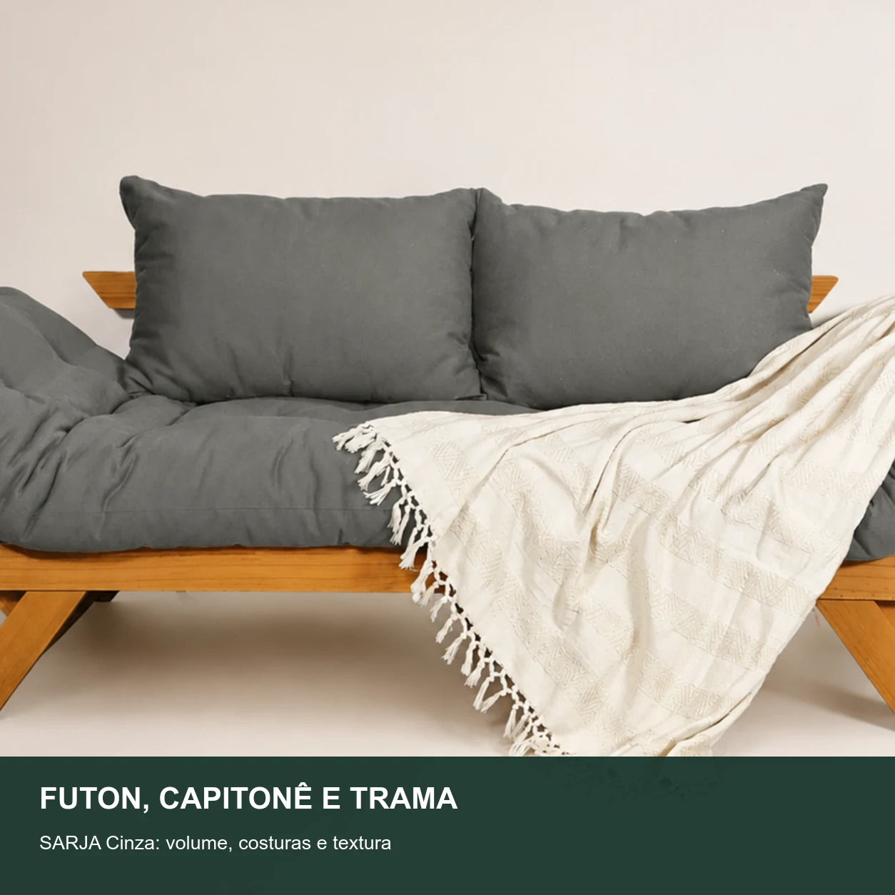 Sof� Cama Reclin�vel Futon Jap�o Madeira Mel - Tecido Sarja Cor Cinza - detalhe-capitone