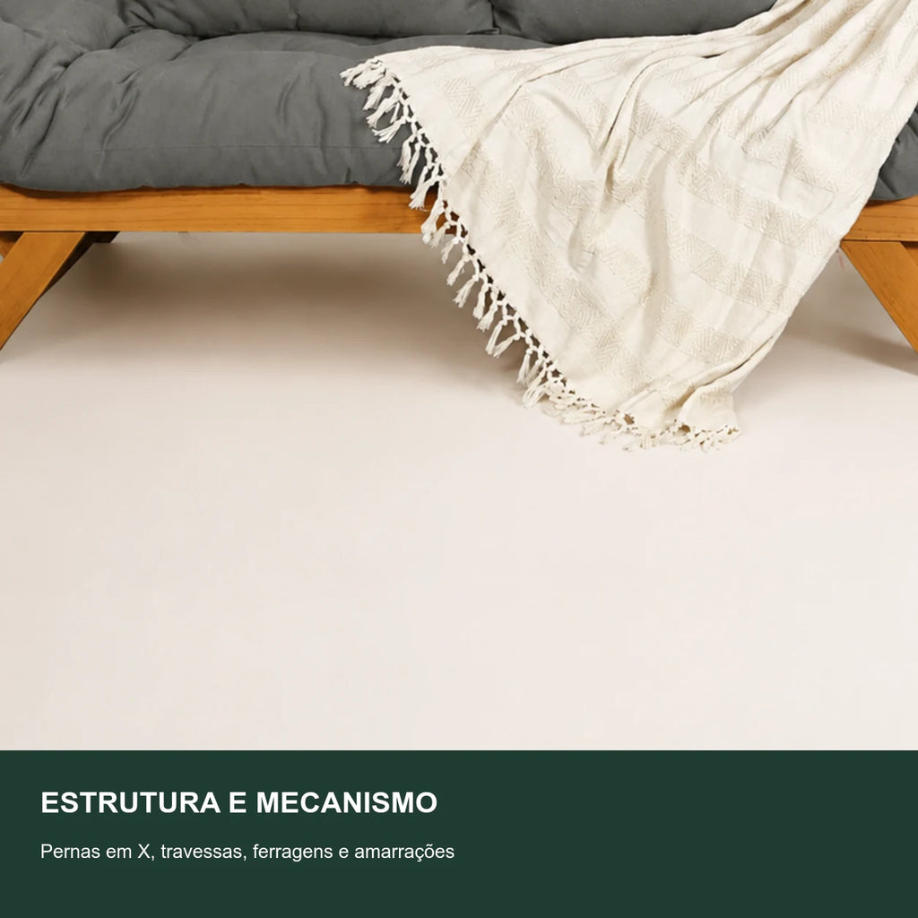 Sof� Cama Reclin�vel Futon Jap�o Madeira Mel - Tecido Sarja Cor Cinza - detalhe-mecanismo