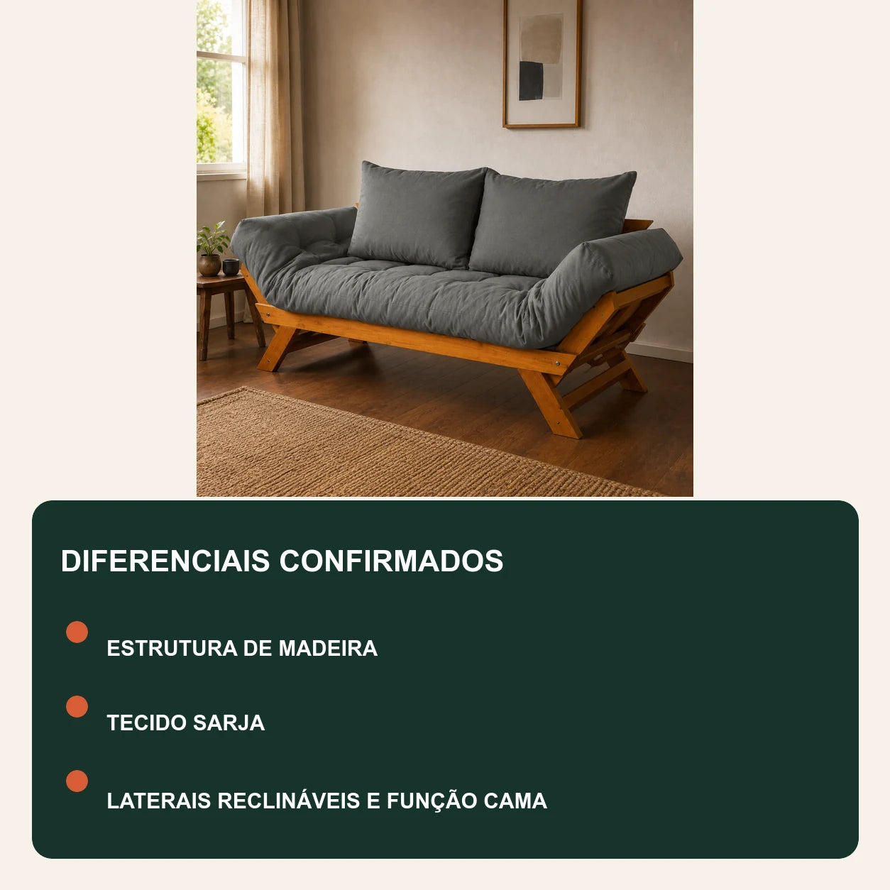 Sof� Cama Reclin�vel Futon Jap�o Madeira Mel - Tecido Sarja Cor Cinza - diferenciais