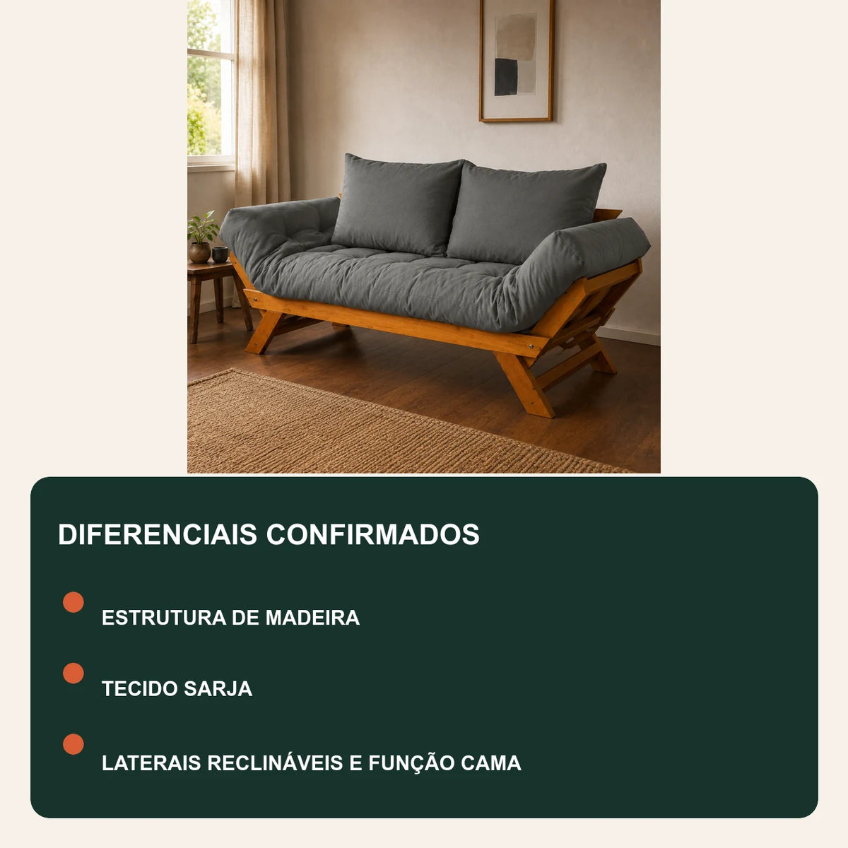Sof� Cama Reclin�vel Futon D33 Jap�o - Madeira Mel Tecido Sarja Cor Cinza - diferenciais