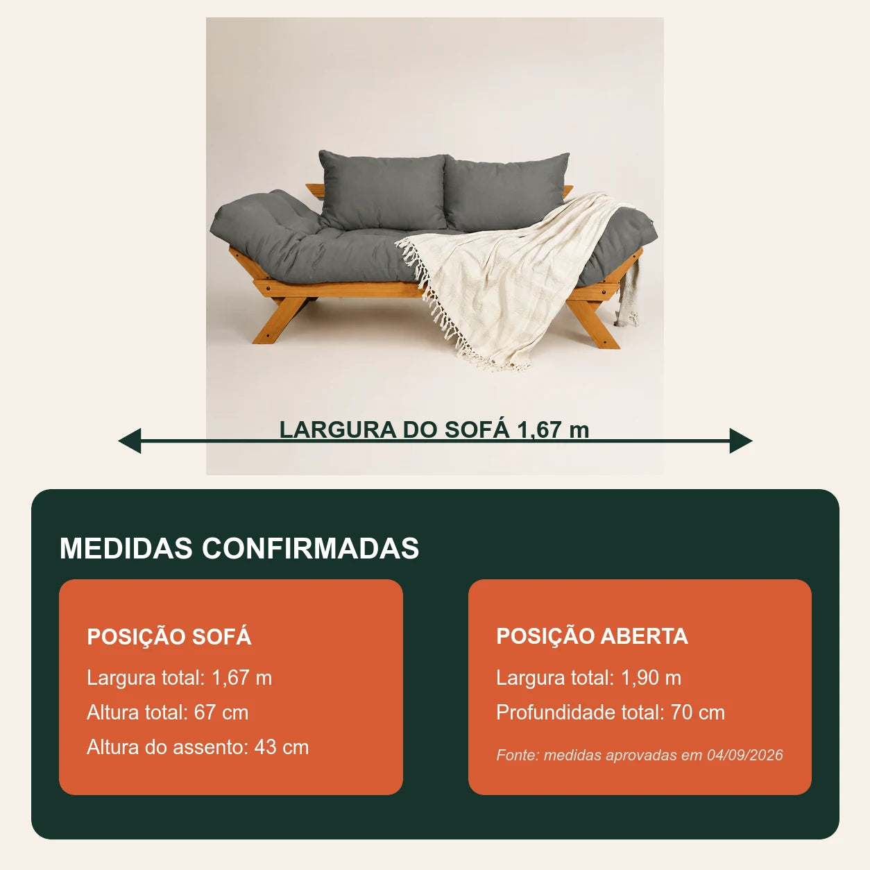 Sof� Cama Reclin�vel Futon Jap�o Madeira Mel - Tecido Sarja Cor Cinza - medidas
