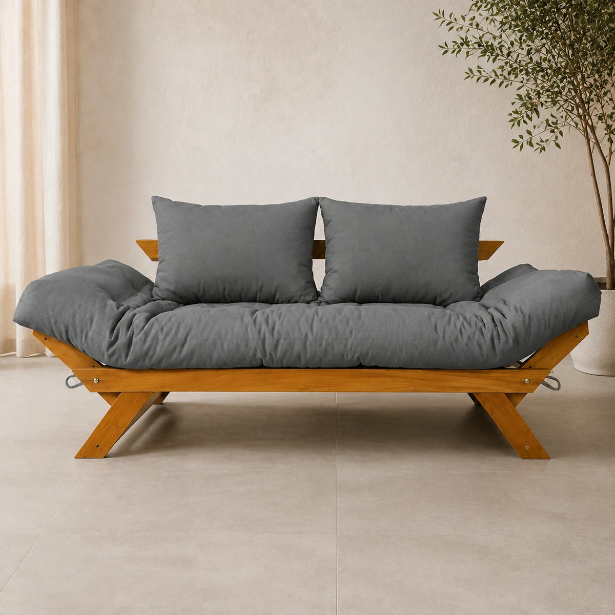 Sof� Cama Reclin�vel Futon Jap�o Madeira Mel - Tecido Sarja Cor Cinza - reclinada