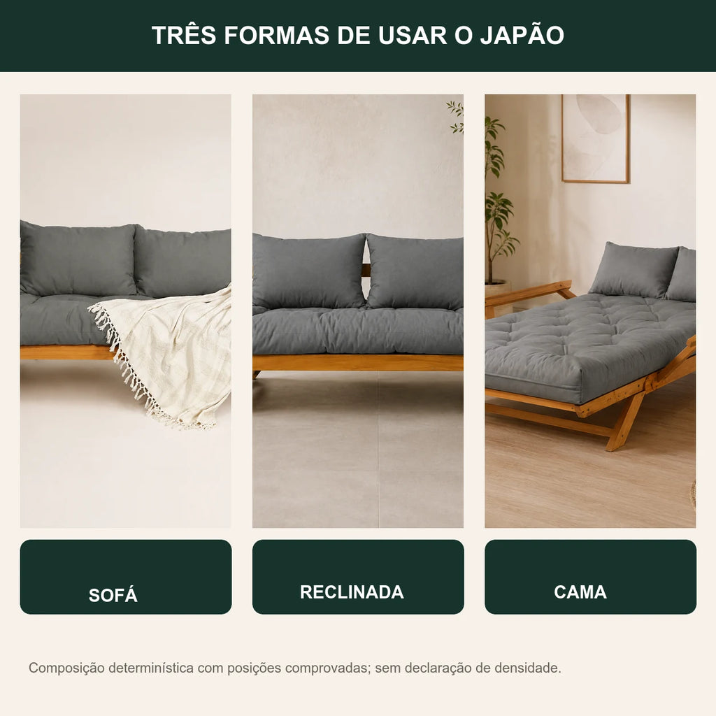 Sof� Cama Reclin�vel Futon Jap�o Madeira Mel - Tecido Sarja Cor Cinza - transformacao