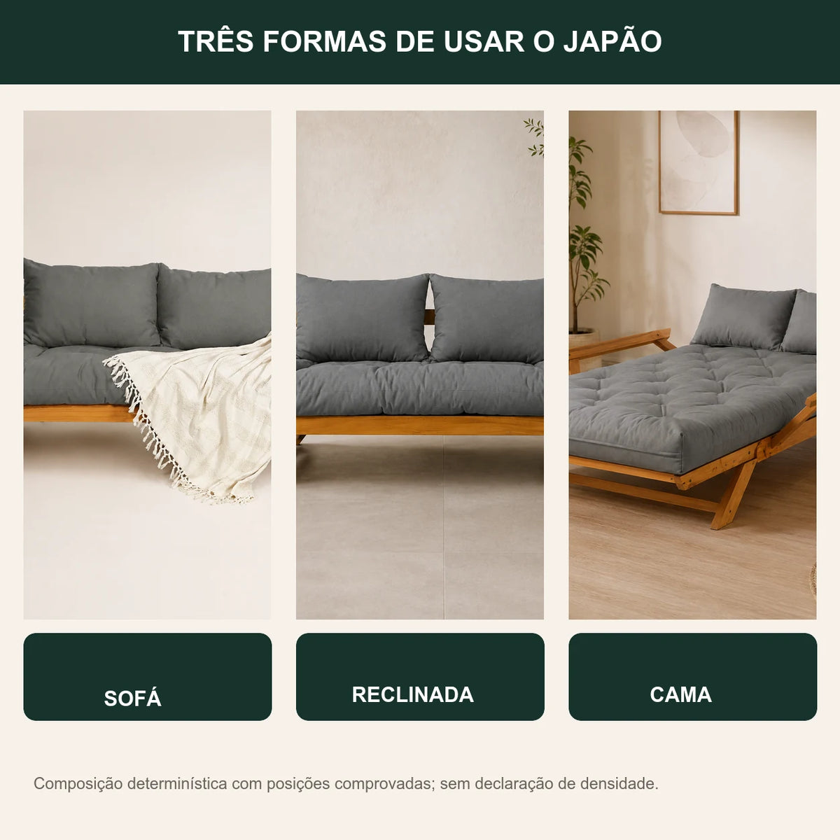 Sof� Cama Reclin�vel Futon Jap�o Madeira Mel - Tecido Sarja Cor Cinza - transformacao