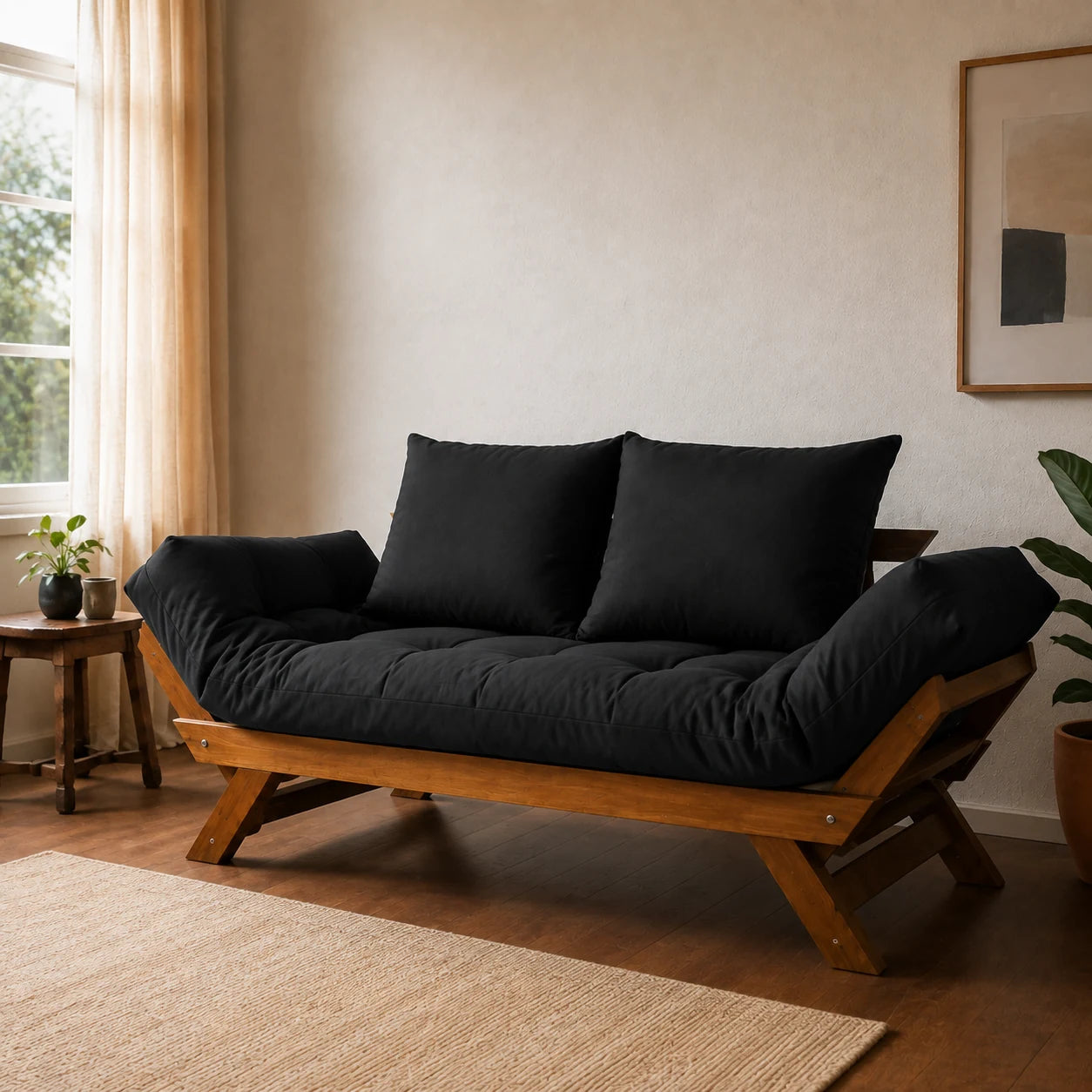 Sof� Cama Reclin�vel Futon Jap�o - Madeira Imbuia Tecido Sarja Cor Preto - ambientada