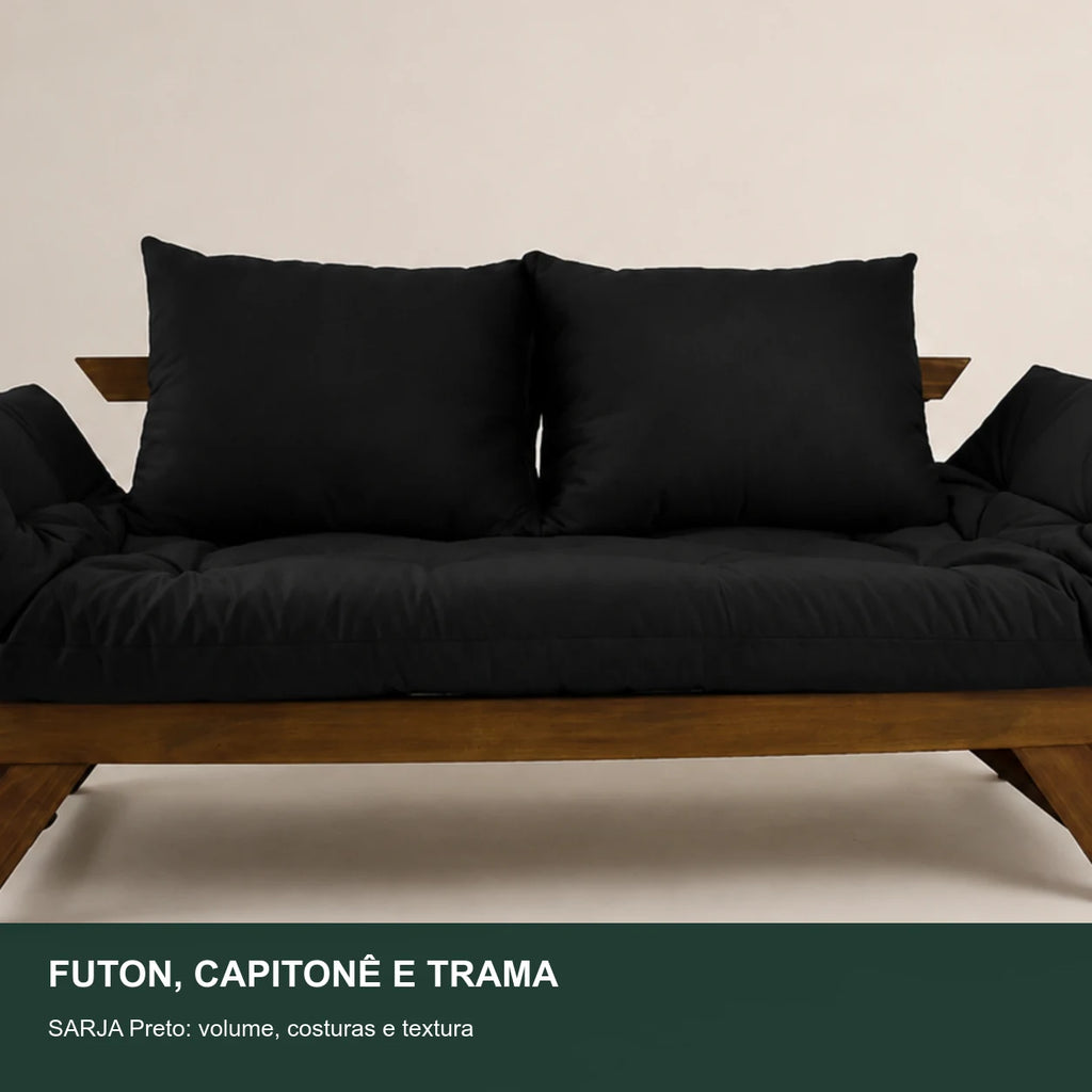 Sof� Cama Reclin�vel Futon Jap�o - Madeira Imbuia Tecido Sarja Cor Preto - detalhe-capitone