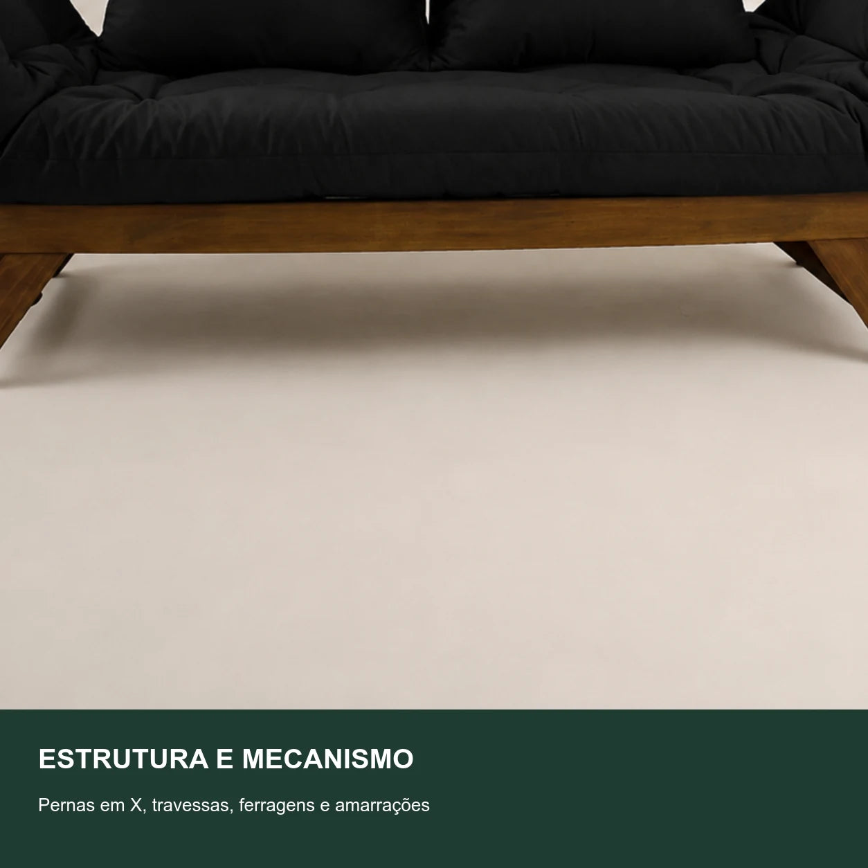 Sof� Cama Reclin�vel Futon Jap�o - Madeira Imbuia Tecido Sarja Cor Preto - detalhe-mecanismo