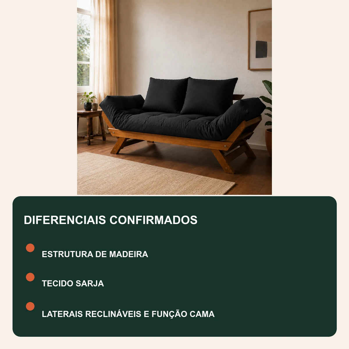 Sof� Cama Reclin�vel Futon Jap�o - Madeira Imbuia Tecido Sarja Cor Preto - diferenciais