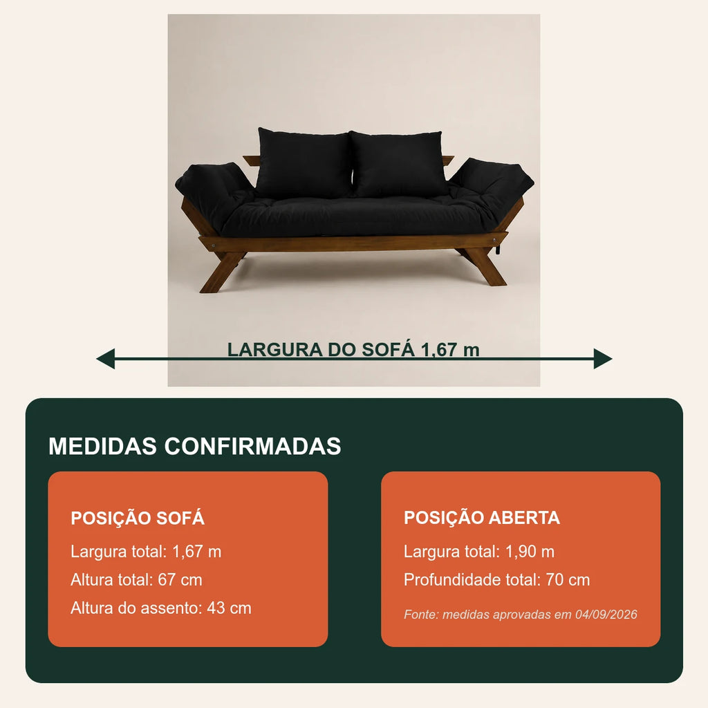 Sof� Cama Reclin�vel Futon Jap�o - Madeira Imbuia Tecido Sarja Cor Preto - medidas