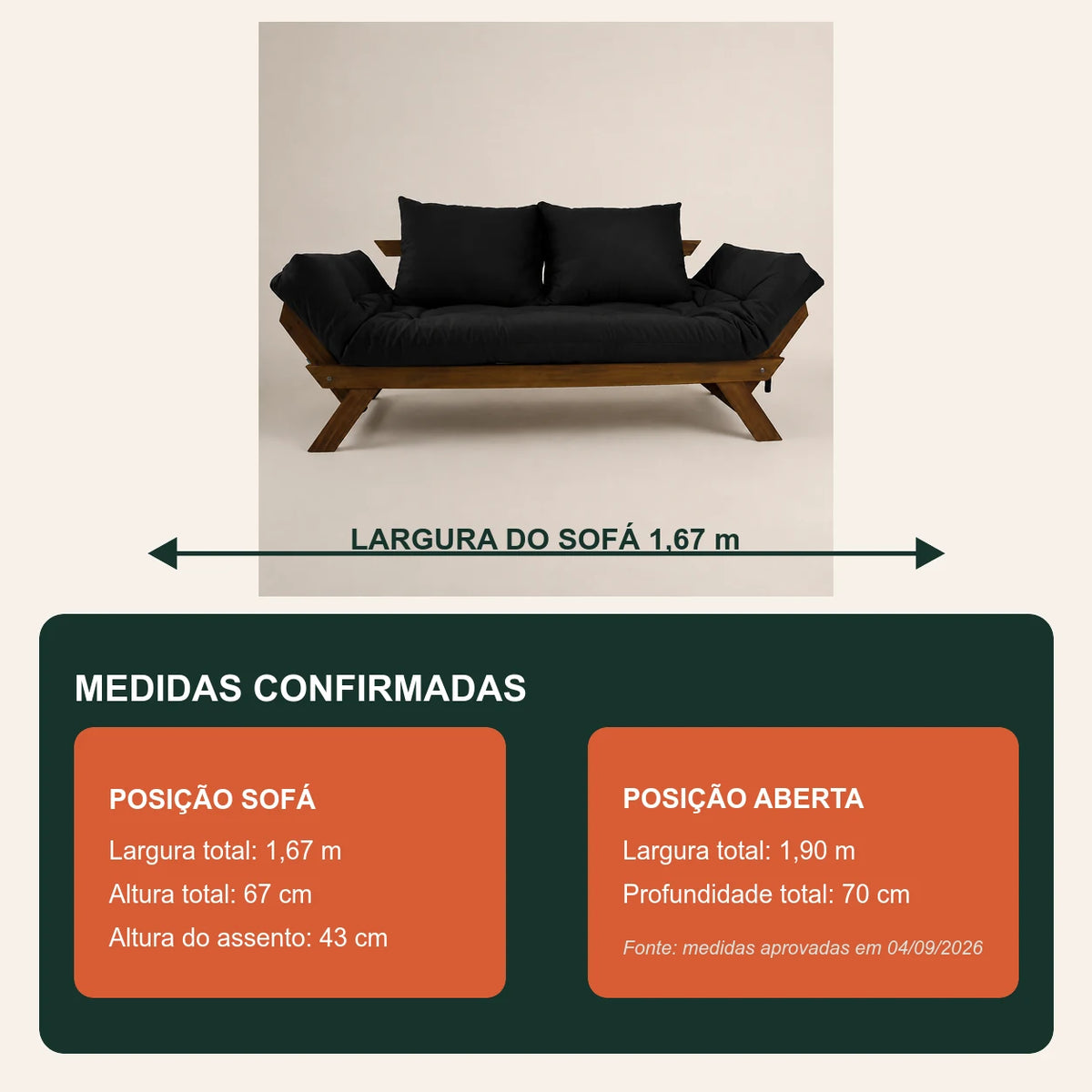 Sof� Cama Reclin�vel Futon Jap�o - Madeira Imbuia Tecido Sarja Cor Preto - medidas