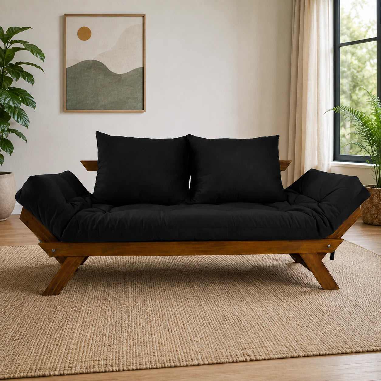 Sof� Cama Reclin�vel Futon Jap�o - Madeira Imbuia Tecido Sarja Cor Preto - reclinada