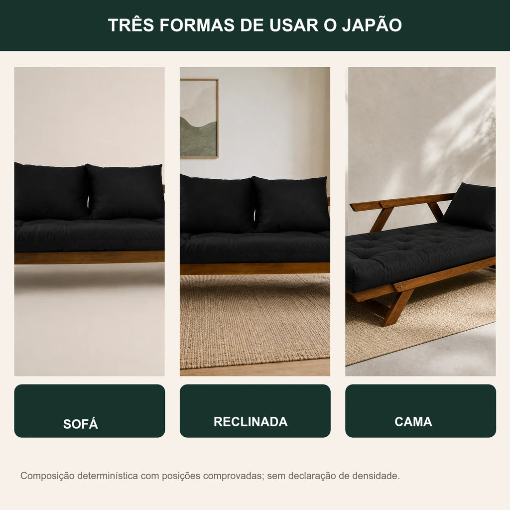 Sof� Cama Reclin�vel Futon Jap�o - Madeira Imbuia Tecido Sarja Cor Preto - transformacao