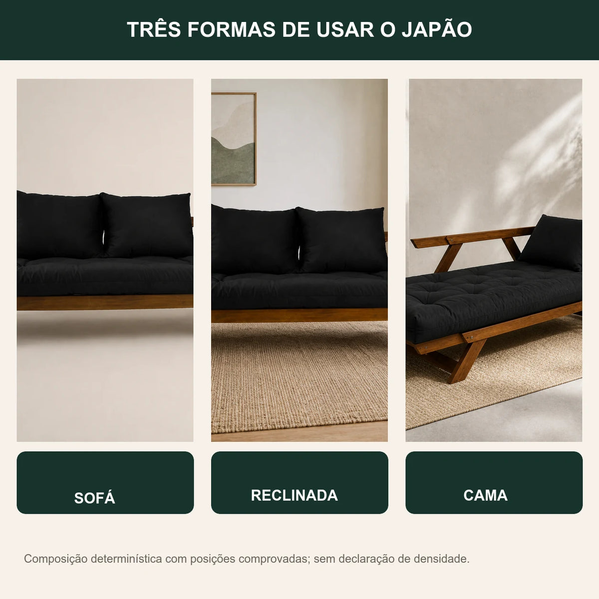 Sof� Cama Reclin�vel Futon Jap�o - Madeira Imbuia Tecido Sarja Cor Preto - transformacao