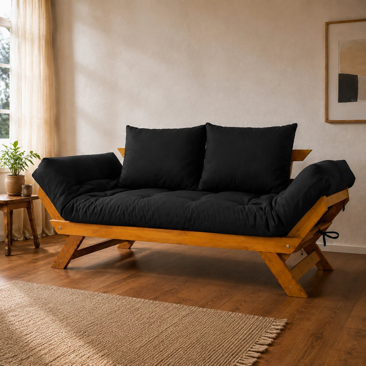 Sof� Cama Reclin�vel Futon Jap�o - Madeira Mel Tecido Sarja Cor Preto - ambientada