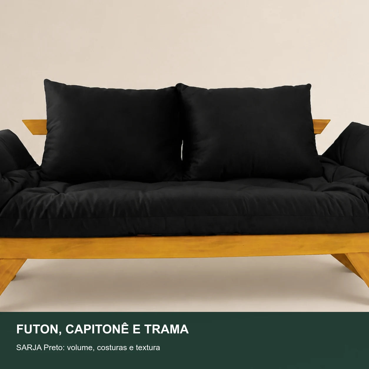 Sof� Cama Reclin�vel Futon Jap�o - Madeira Mel Tecido Sarja Cor Preto - detalhe-capitone