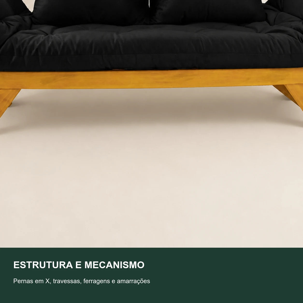 Sof� Cama Reclin�vel Futon Jap�o - Madeira Mel Tecido Sarja Cor Preto - detalhe-mecanismo