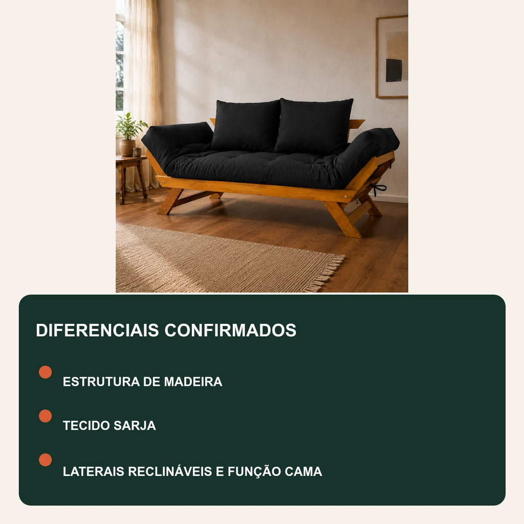 Sof� Cama Reclin�vel Futon Jap�o - Madeira Mel Tecido Sarja Cor Preto - diferenciais