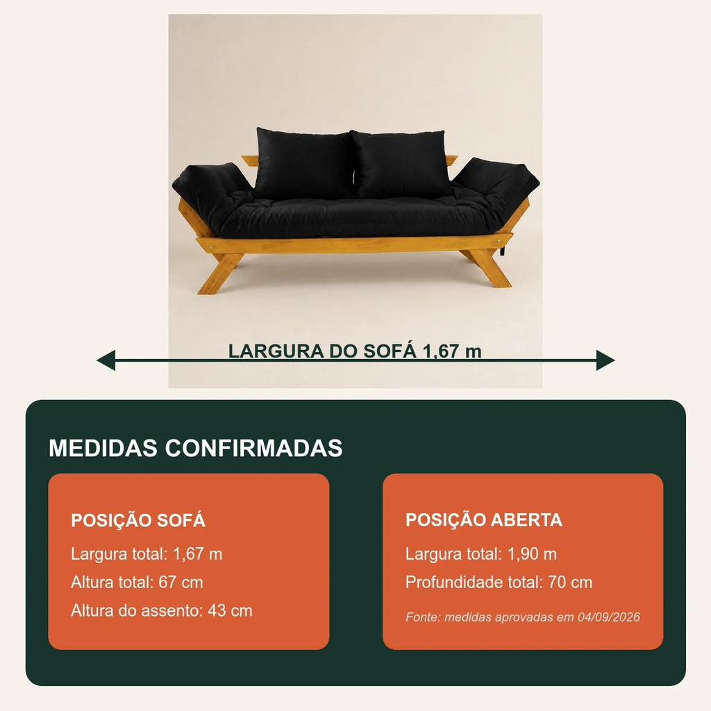 Sof� Cama Reclin�vel Futon Jap�o - Madeira Mel Tecido Sarja Cor Preto - medidas
