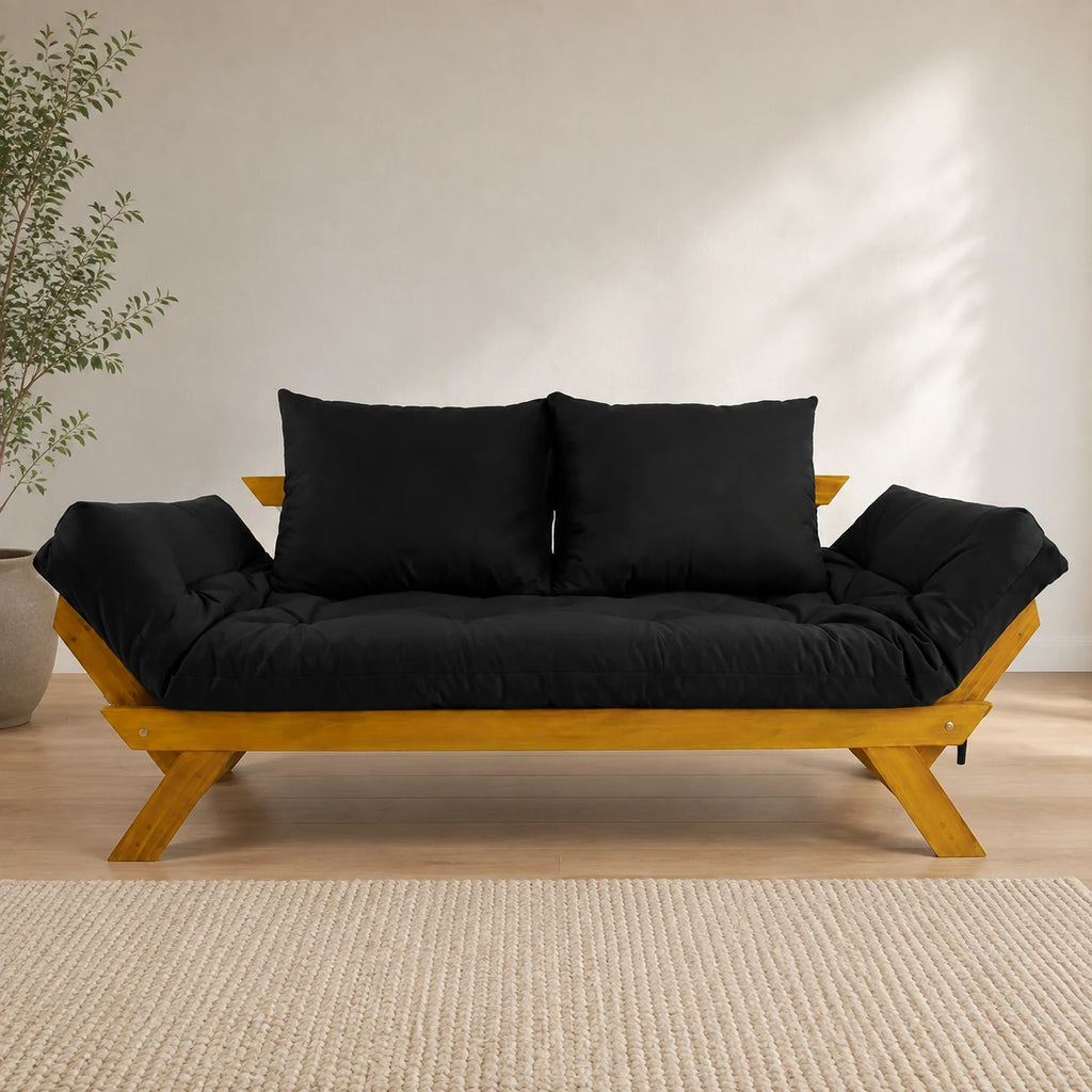 Sof� Cama Reclin�vel Futon Jap�o - Madeira Mel Tecido Sarja Cor Preto - reclinada
