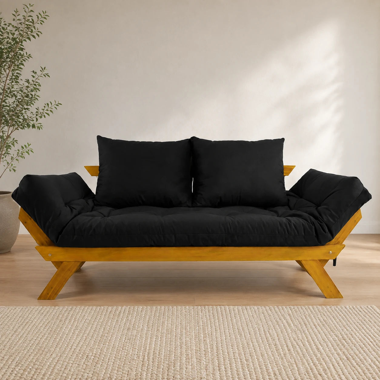 Sof� Cama Reclin�vel Futon Jap�o - Madeira Mel Tecido Sarja Cor Preto - reclinada