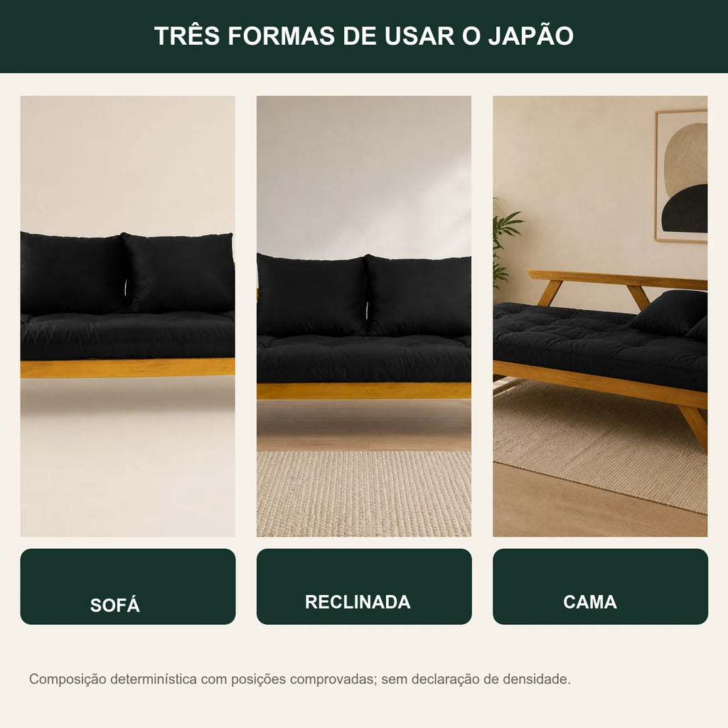 Sof� Cama Reclin�vel Futon Jap�o - Madeira Mel Tecido Sarja Cor Preto - transformacao