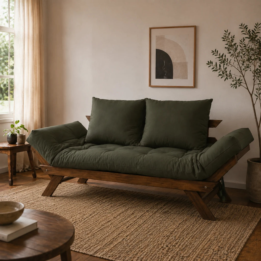 Sof� Cama Reclin�vel Futon Jap�o - Madeira Imbuia Tecido Sarja Cor Verde Militar - ambientada