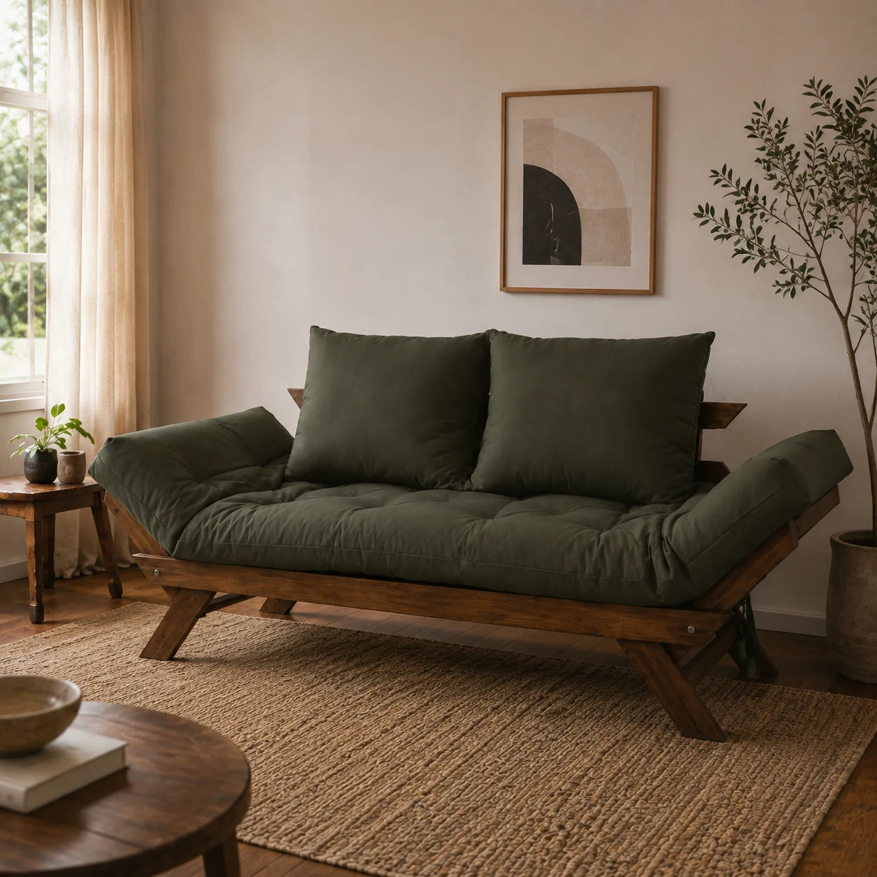Sof� Cama Reclin�vel Futon Jap�o - Madeira Imbuia Tecido Sarja Cor Verde Militar - ambientada