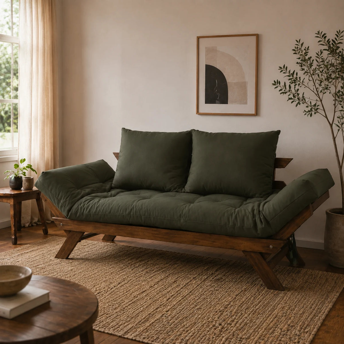 Sof� Cama Reclin�vel Futon Jap�o D33 - Madeira Nobre Imbuia Tecido Sarja Cor Verde Militar - ambientada