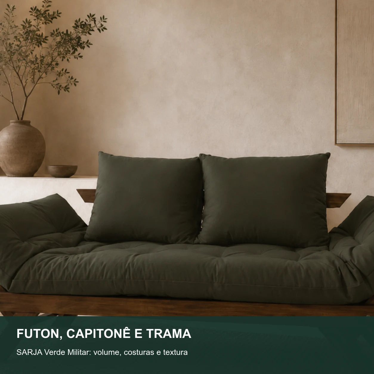 Sof� Cama Reclin�vel Futon Jap�o - Madeira Imbuia Tecido Sarja Cor Verde Militar - detalhe-capitone
