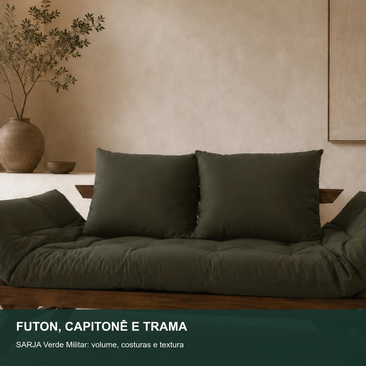 Sof� Cama Reclin�vel Futon Jap�o - Madeira Nobre Imbuia Tecido Sarja Cor Verde Militar - detalhe-capitone