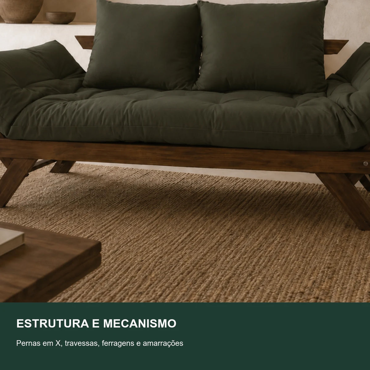 Sof� Cama Reclin�vel Futon Jap�o - Madeira Imbuia Tecido Sarja Cor Verde Militar - detalhe-mecanismo