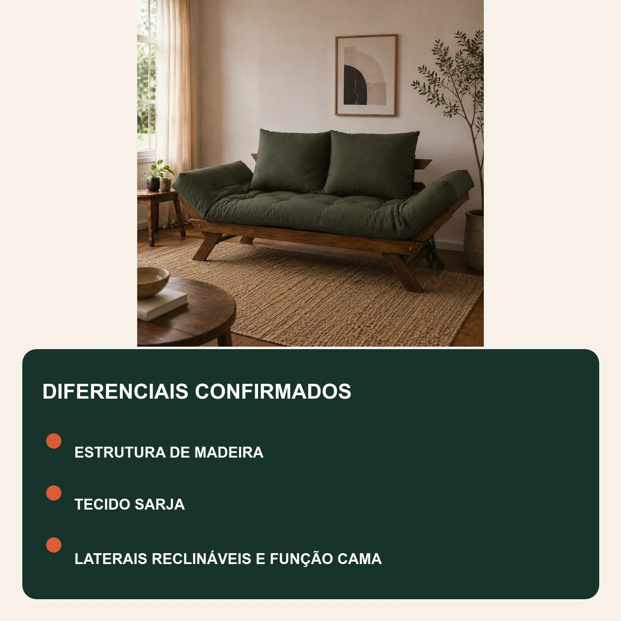Sof� Cama Reclin�vel Futon Jap�o - Madeira Imbuia Tecido Sarja Cor Verde Militar - diferenciais
