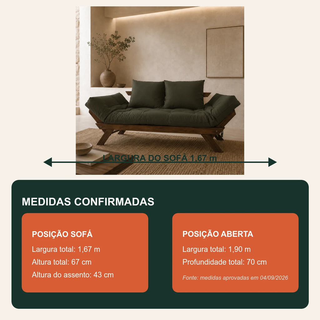 Sof� Cama Reclin�vel Futon Jap�o - Madeira Imbuia Tecido Sarja Cor Verde Militar - medidas