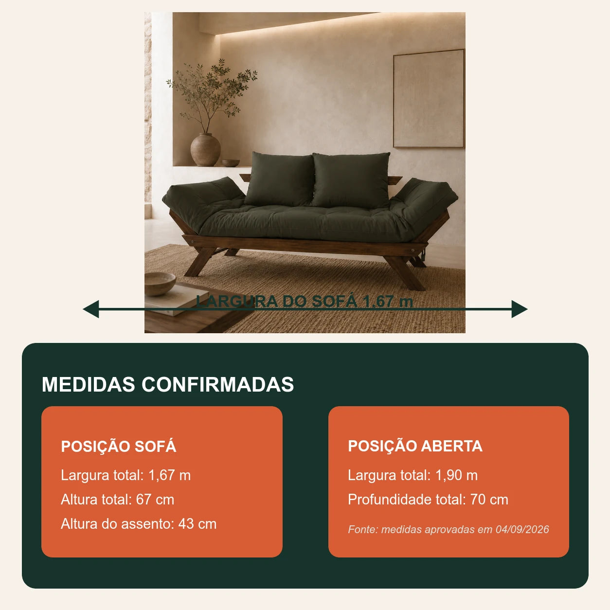 Sof� Cama Reclin�vel Futon Jap�o - Madeira Imbuia Tecido Sarja Cor Verde Militar - medidas