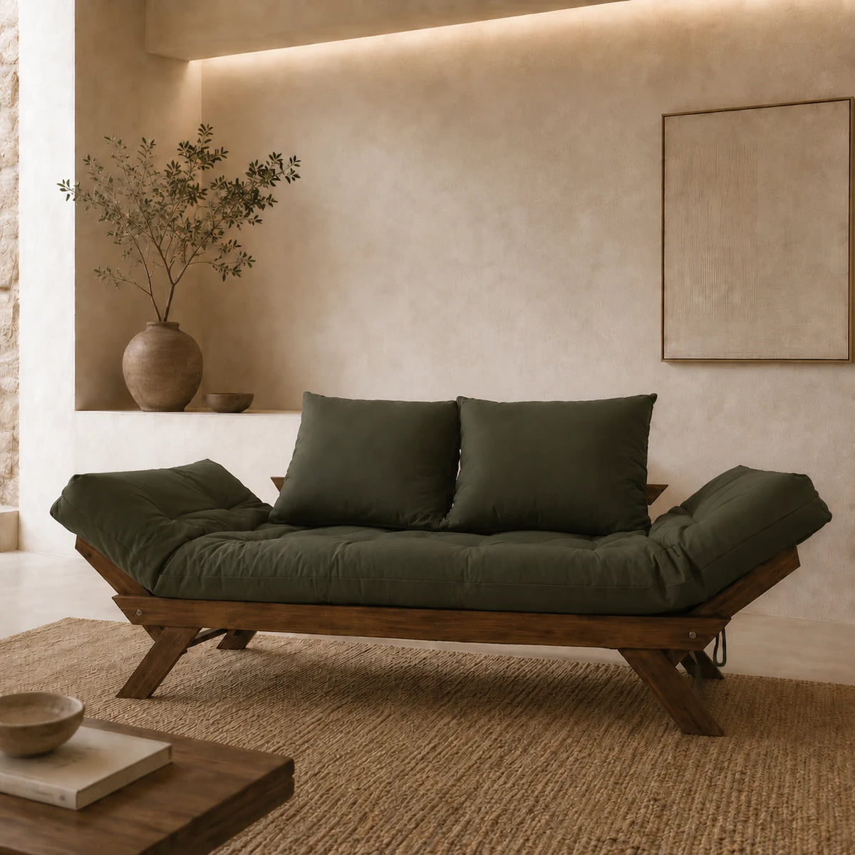 Sof� Cama Reclin�vel Futon Jap�o D33 - Madeira Nobre Imbuia Tecido Sarja Cor Verde Militar - reclinada