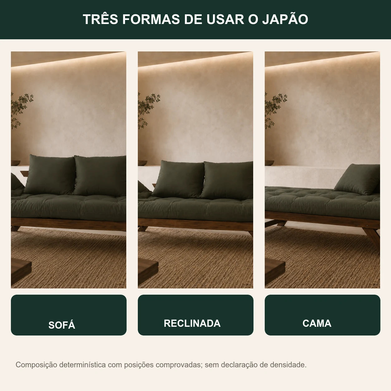 Sof� Cama Reclin�vel Futon Jap�o - Madeira Imbuia Tecido Sarja Cor Verde Militar - transformacao