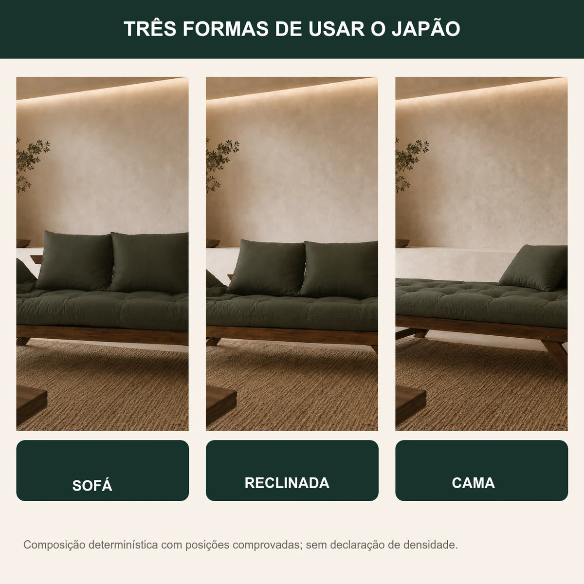 Sof� Cama Reclin�vel Futon D33 Jap�o - Madeira Imbuia Tecido Sarja Cor Verde Militar - transformacao